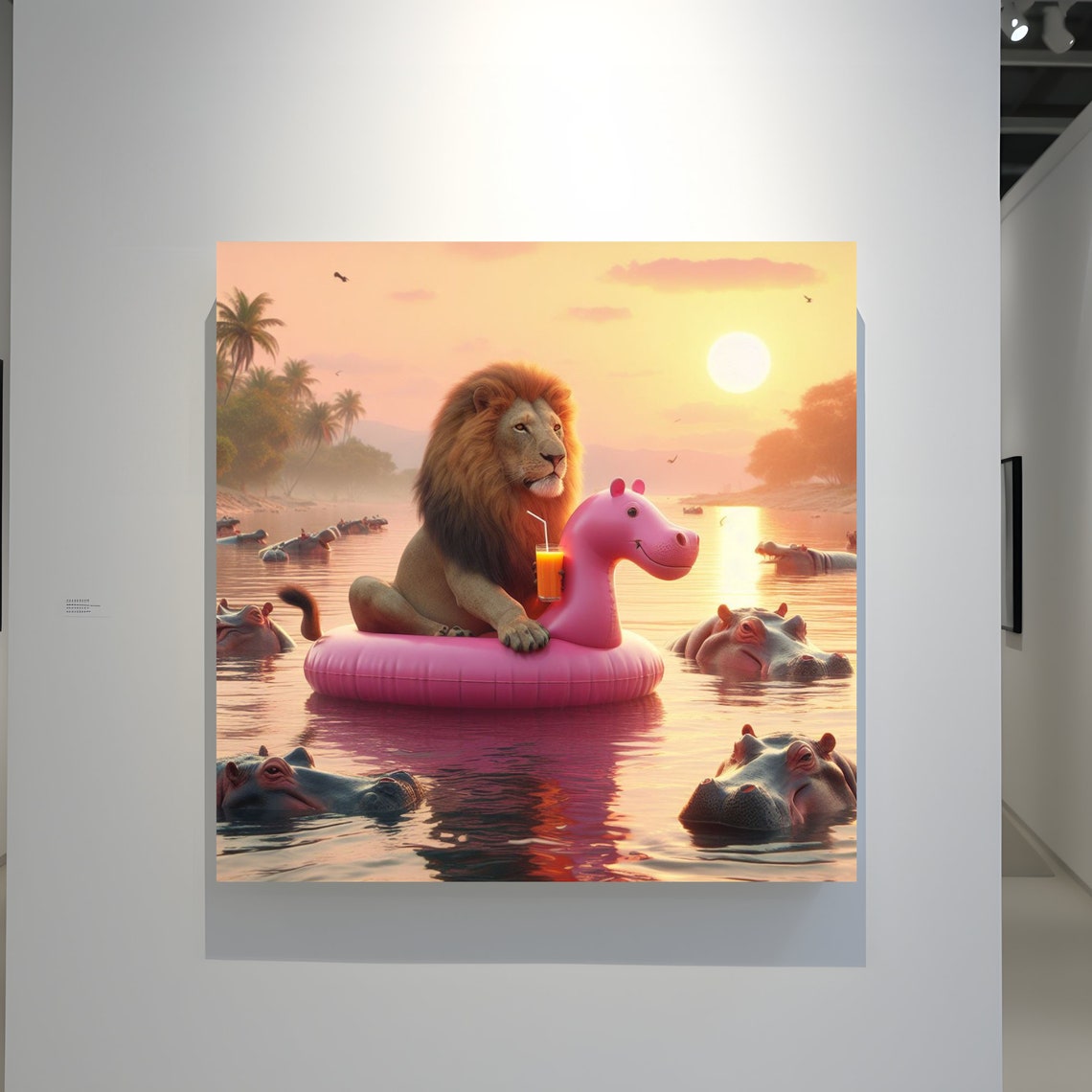 Lion Relaxing On A Pink Hippo Float At Sunset River Funny Poster - Image 3