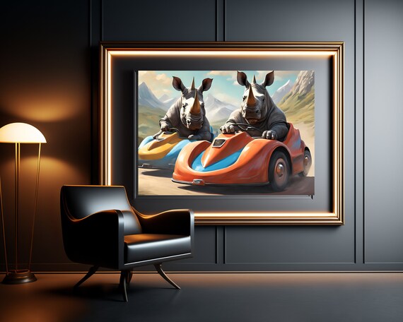 Funny Rhinos Racing Colorful Go-Karts Quirky Animal Art Poster