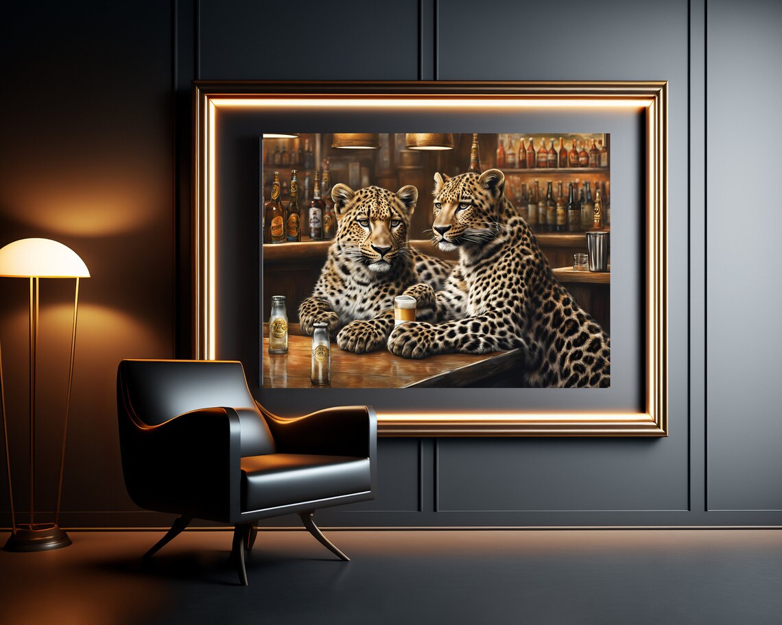 Leopards Drinking, Cute Quirky Animal Art Print