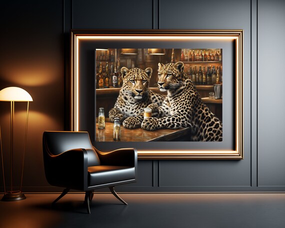 Leopards Drinking, Cute Quirky Animal Art Print