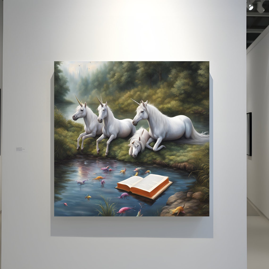Whimsical Unicorns Resting by a River with an Open Book Poster - Image 3