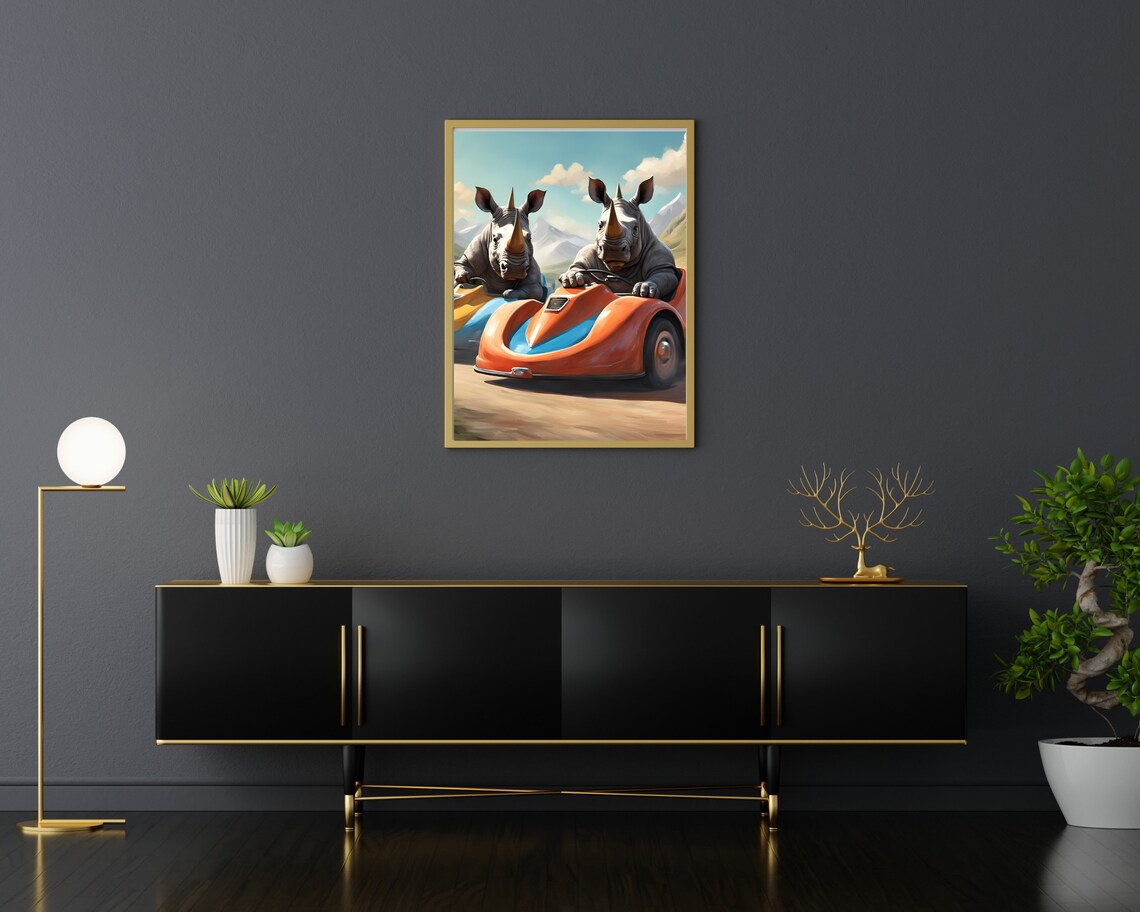 Funny Rhinos Racing Colorful Go-Karts Quirky Animal Art Poster - Image 3