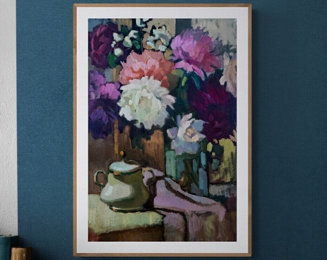 Peonies Bouquet Still Life Oil Painting Floral Pink Blooms Poster