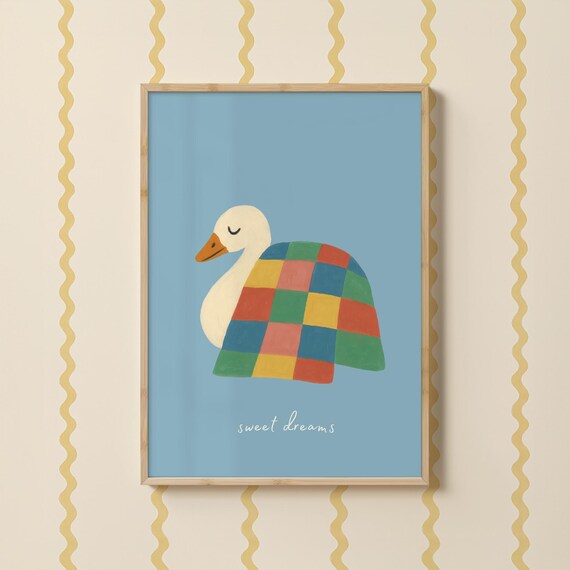 Sweet Dreams Sleeping Swan Patchwork Quilt Nursery Art Cozy Print