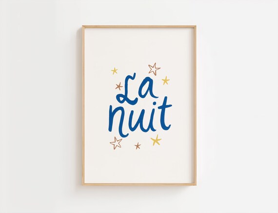 La Nuit French Typography Blue Script Star Nursery Elegant Print