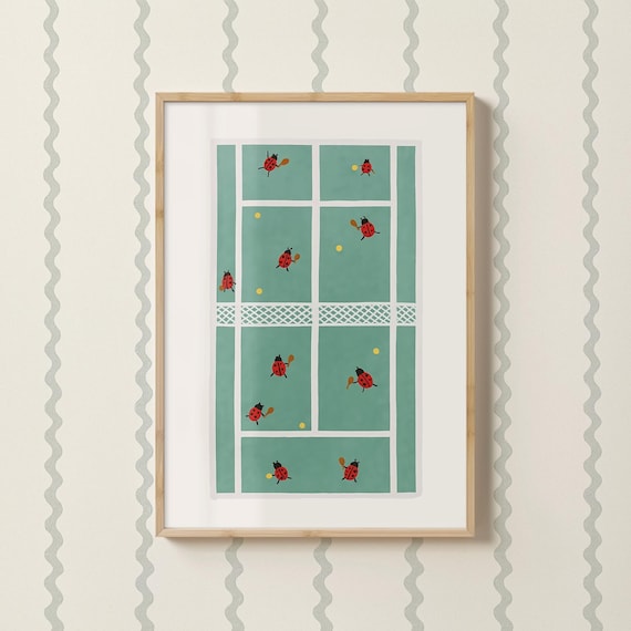 Ladybug Tennis Match Cute Sports Nursery Illustrated Wall Art