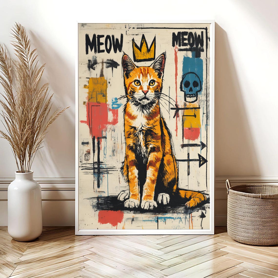 Meow Basquiat Style Orange Tabby Gold Crown Skull Graffiti Poster