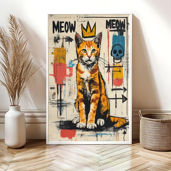 Meow Basquiat Style Orange Tabby Gold Crown Skull Graffiti Poster