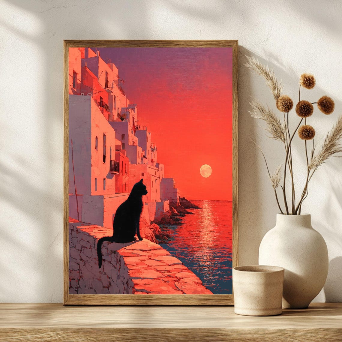 Santorini Sunset Black Cat Silhouette Red Sky Coastal Art Poster - Image 3