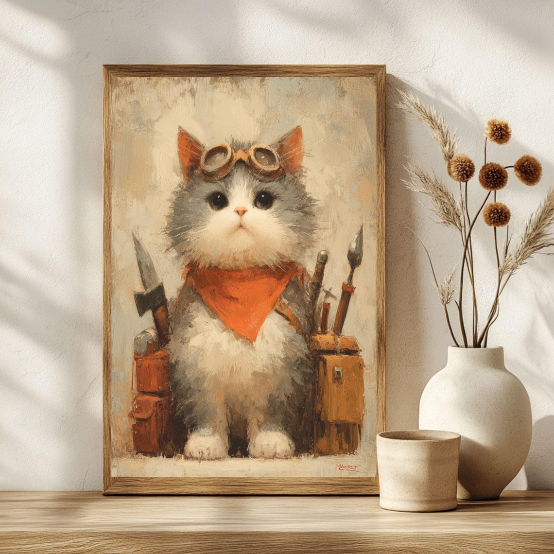 Steampunk Cat Art Print Pilot Oil Painting Poster Lover Gift Whimsical Decor Zombie Fighter Funny