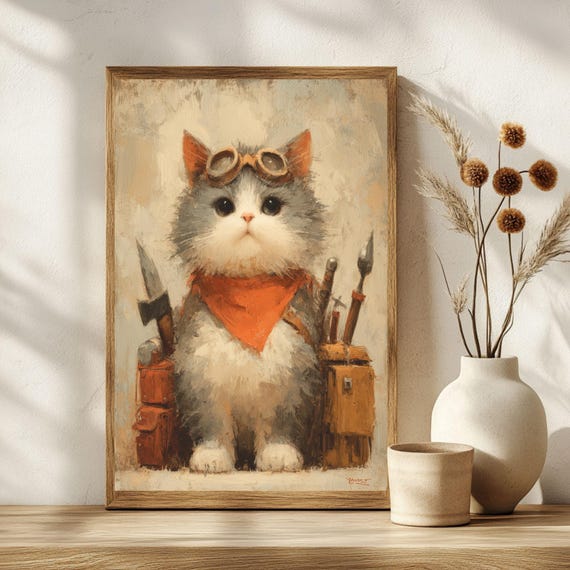 Steampunk Cat Art Print Pilot Oil Painting Poster Lover Gift Whimsical Decor Zombie Fighter Funny