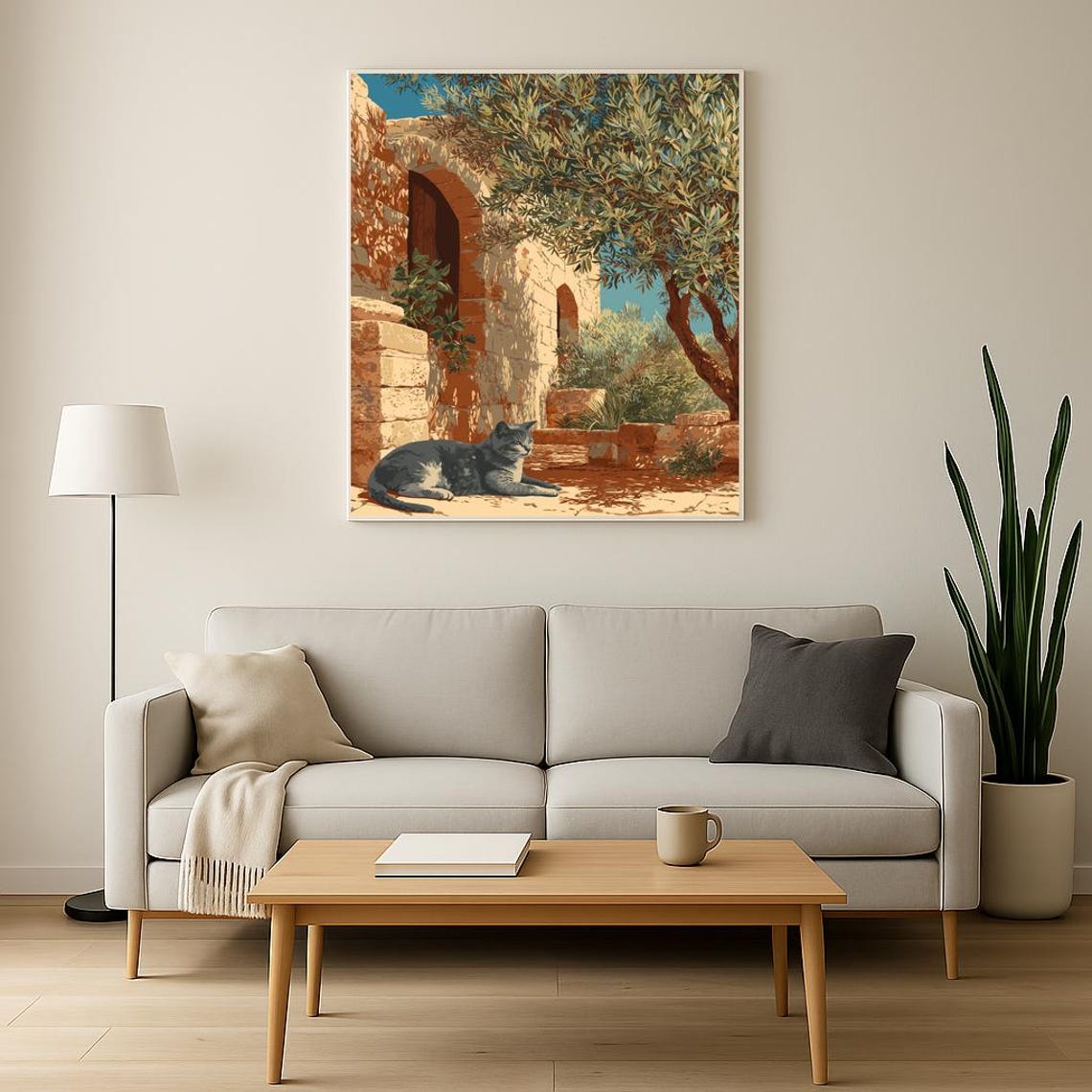 Grey Tabby Cat Mediterranean Stone Courtyard Olive Tree Art Poster - Image 2