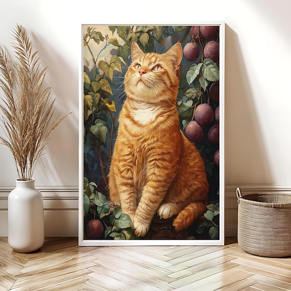 Orange Tabby Cat Among Plums Classical Oil Painting Style Poster
