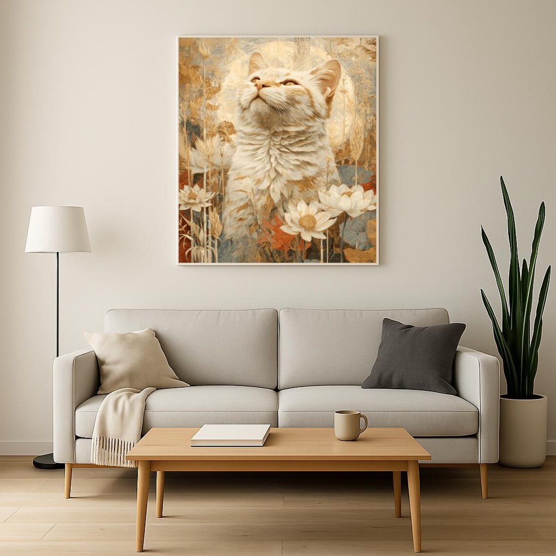 Art Nouveau Cream Cat Golden Halo Lotus Wheat Elegant Wall Poster - Image 3