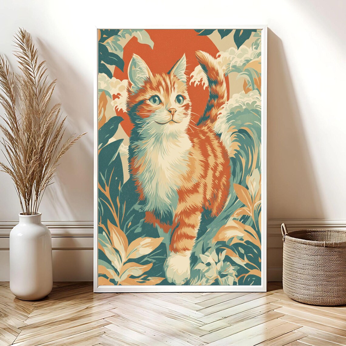 Playful Orange Tabby Kitten in Japanese Woodblock Sun Poster - Image 2