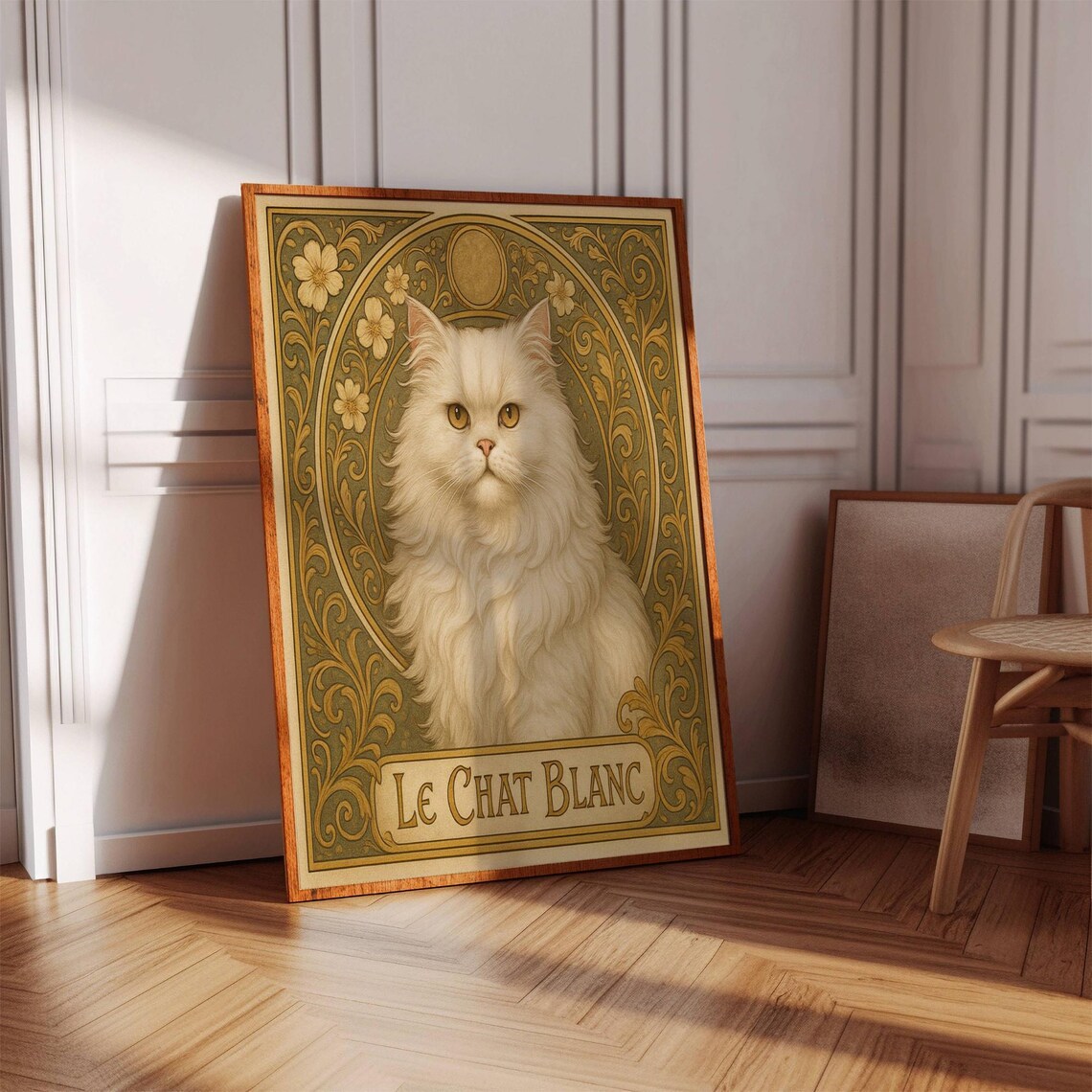 Le Chat Blanc White Persian Cat Art Nouveau Floral Gold Poster - Image 2