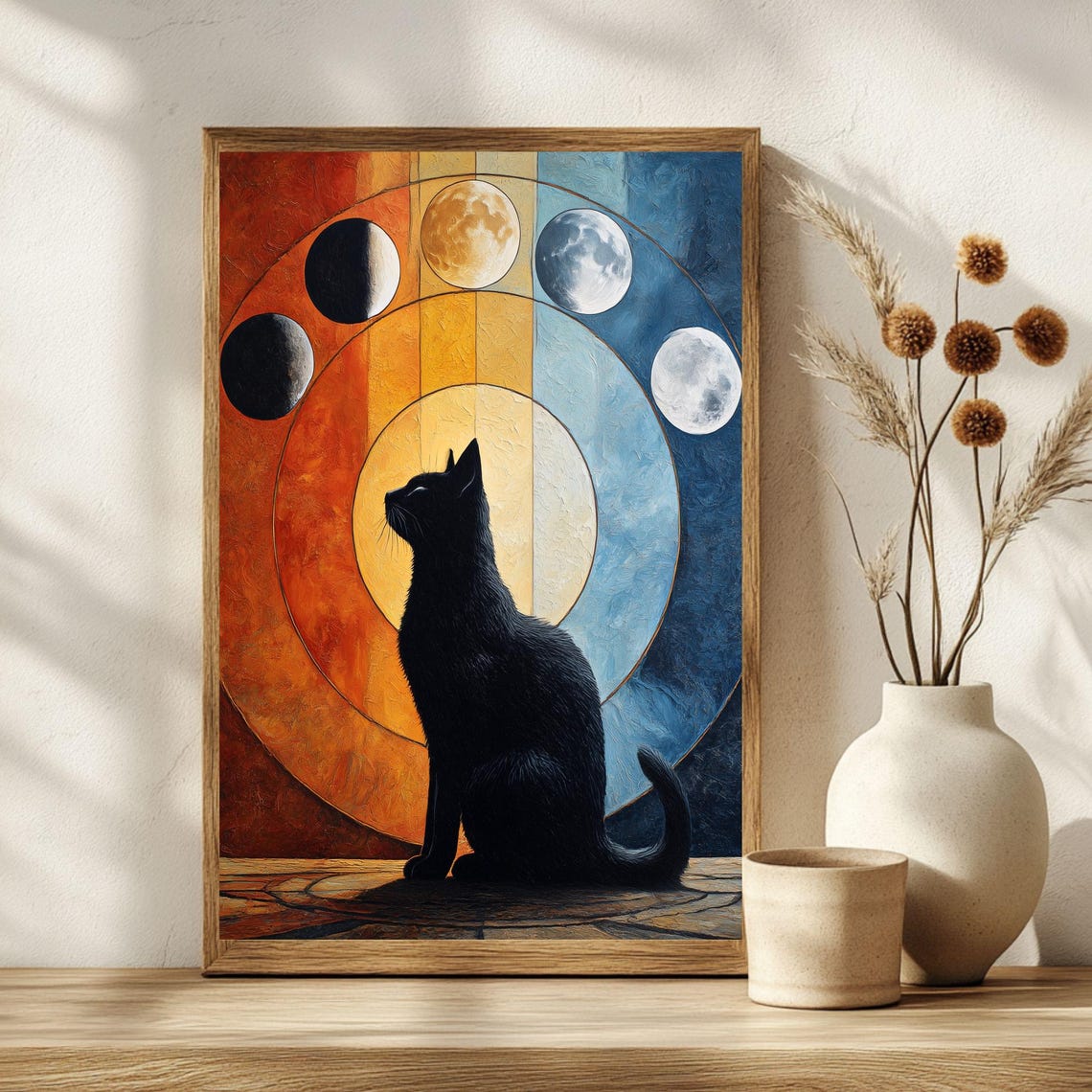 Celestial Black Cat Silhouette Moon Phases Mystical Art Poster - Image 2
