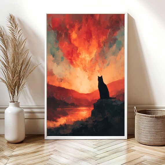 Black Cat Silhouette at Sunset Over Mountain Lake Art Poster