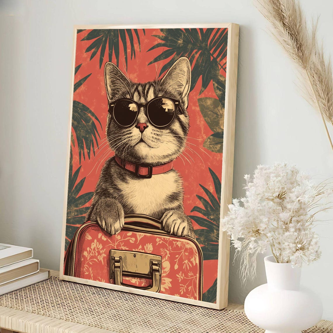 Cat Summer Travel Cool Tabby Sunglasses Suitcase Tropical Poster - Image 3