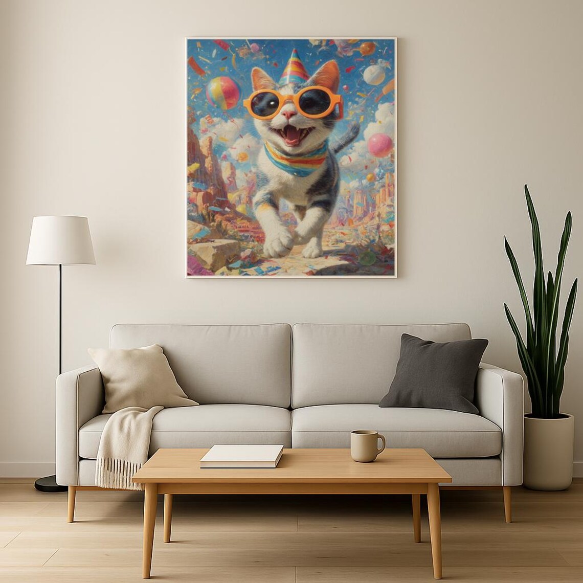 Smiling Cat With Sunglasses Party Hat Surreal Dreamland Poster - Image 2