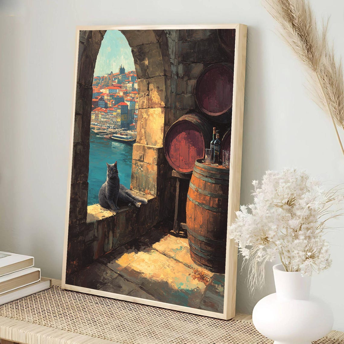 Vintage Harbor View Gray Cat Wine Cellar Arched Window Art Poster - Image 3