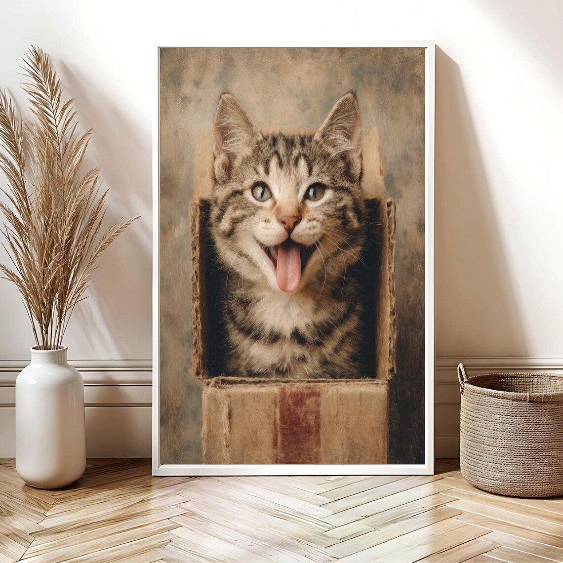 Funny Cat In Box Happy Tabby Kitten Tongue Out Vintage Photo Poster