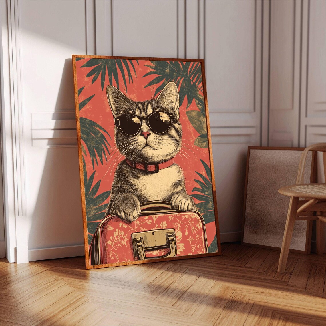Cat Summer Travel Cool Tabby Sunglasses Suitcase Tropical Poster - Image 2