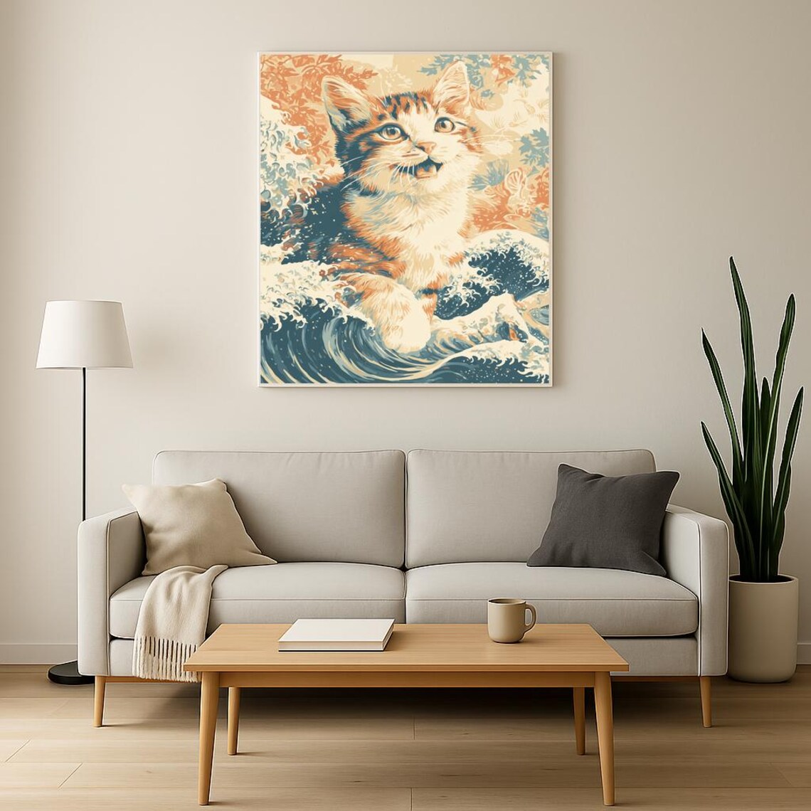Joyful Calico Kitten in Hokusai Wave Japanese Cat Art Poster - Image 2