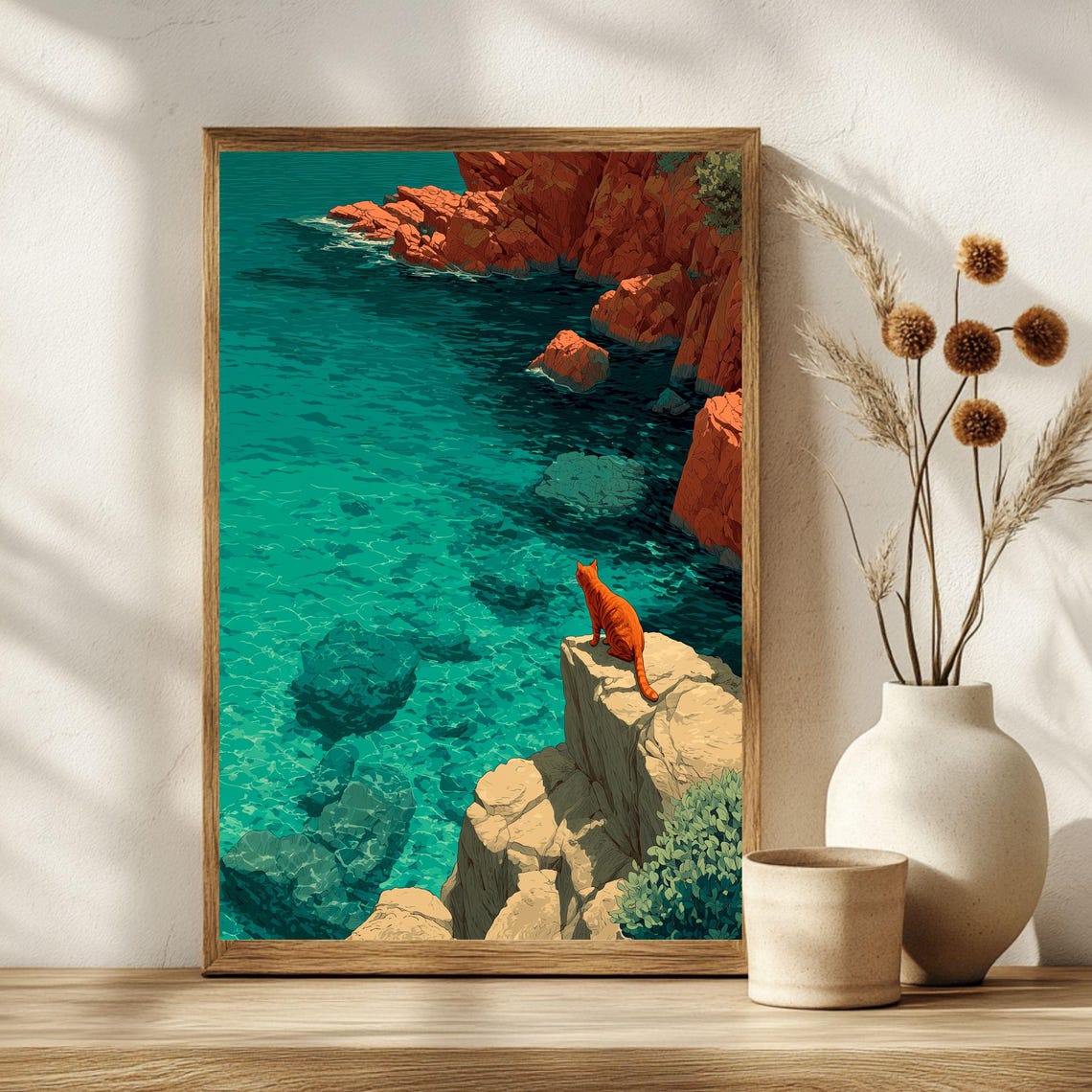 Orange Cat Sitting on Cliff Above Turquoise Sea Coastal Cat Poster