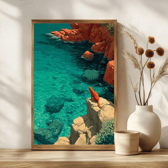 Orange Cat Sitting on Cliff Above Turquoise Sea Coastal Cat Poster