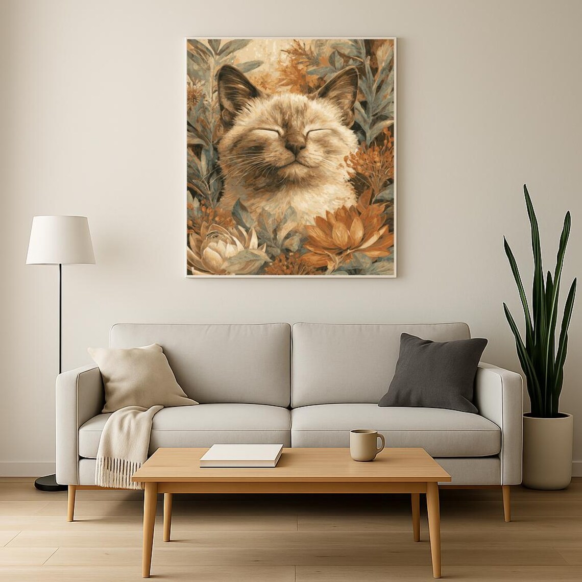 Folk Art Smiling Siamese Cat Golden Lotus Floral Nature Poster - Image 2