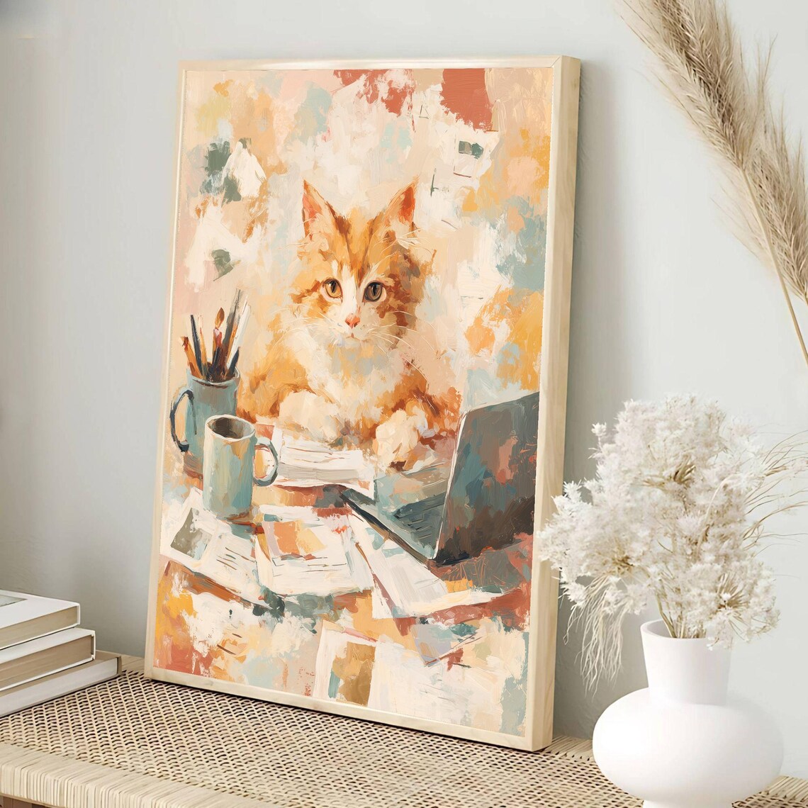 Orange Cat Work From Home Desk With Laptop Cozy Office Poster - Image 3