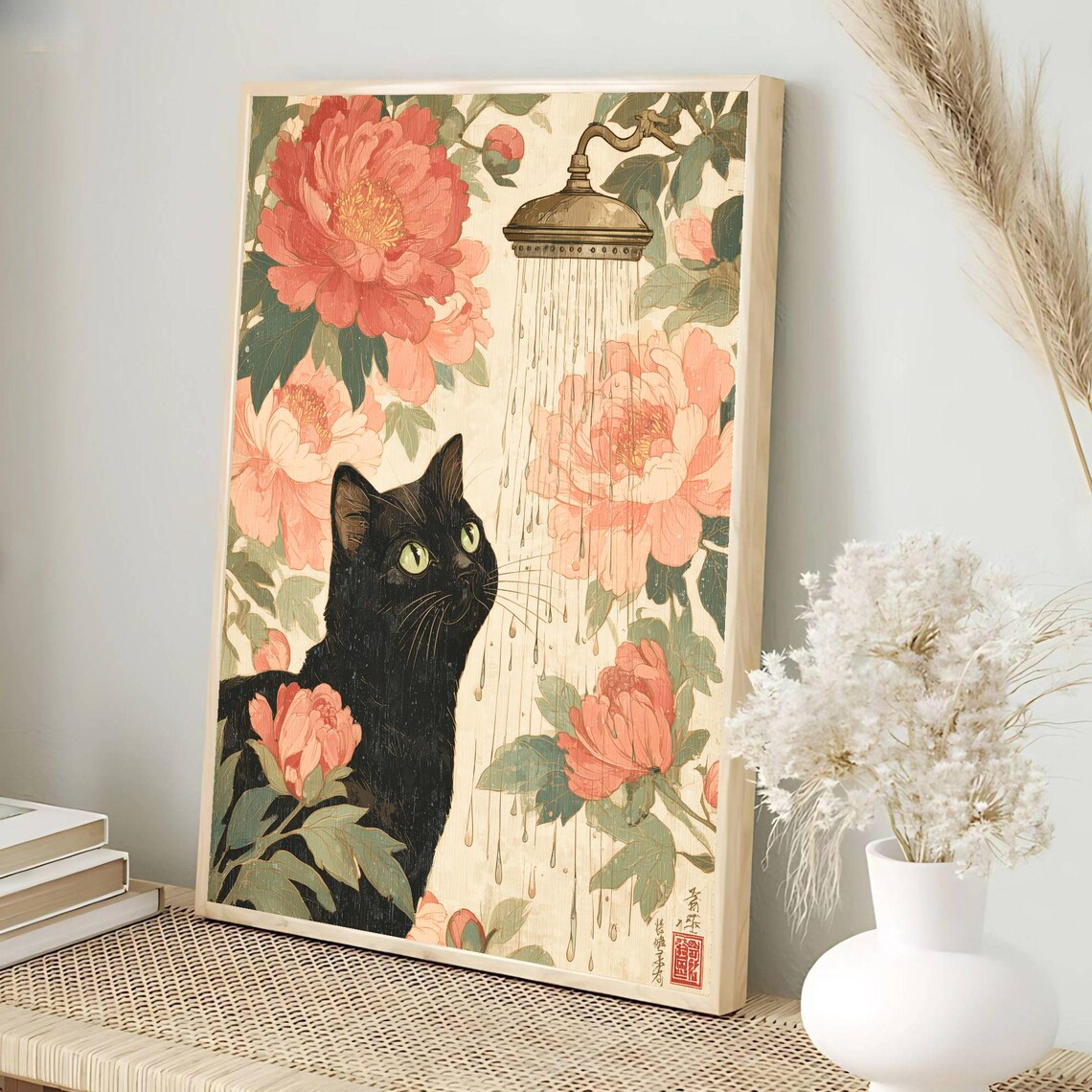Japanese Style Black Cat Shower Peonies Floral Bathroom Wall Poster - Image 4