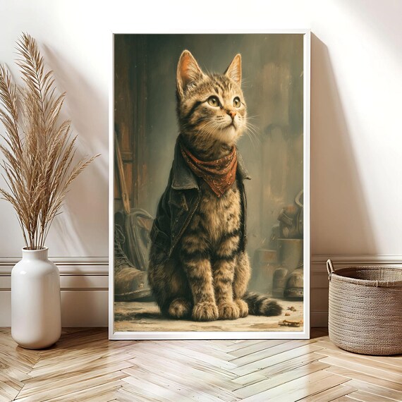 Tabby Kitten Leather Jacket Bandana Post Apocalyptic Cat Poster