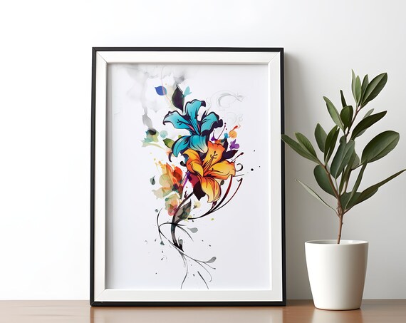 Watercolor Lily Flower Abstract Blue and Orange Bloom Art Poster