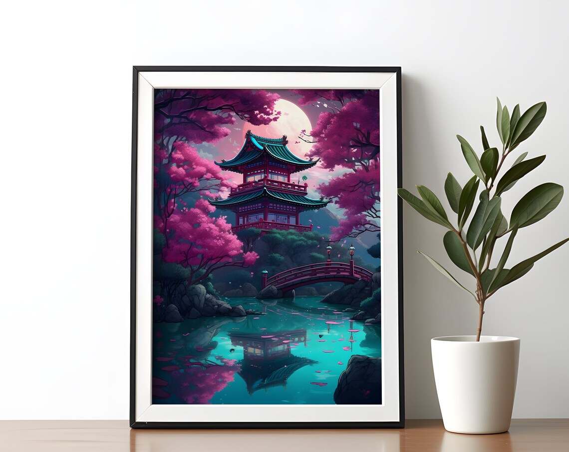 Japanese Pagoda Under a Full Moon With Cherry Blossoms Poster