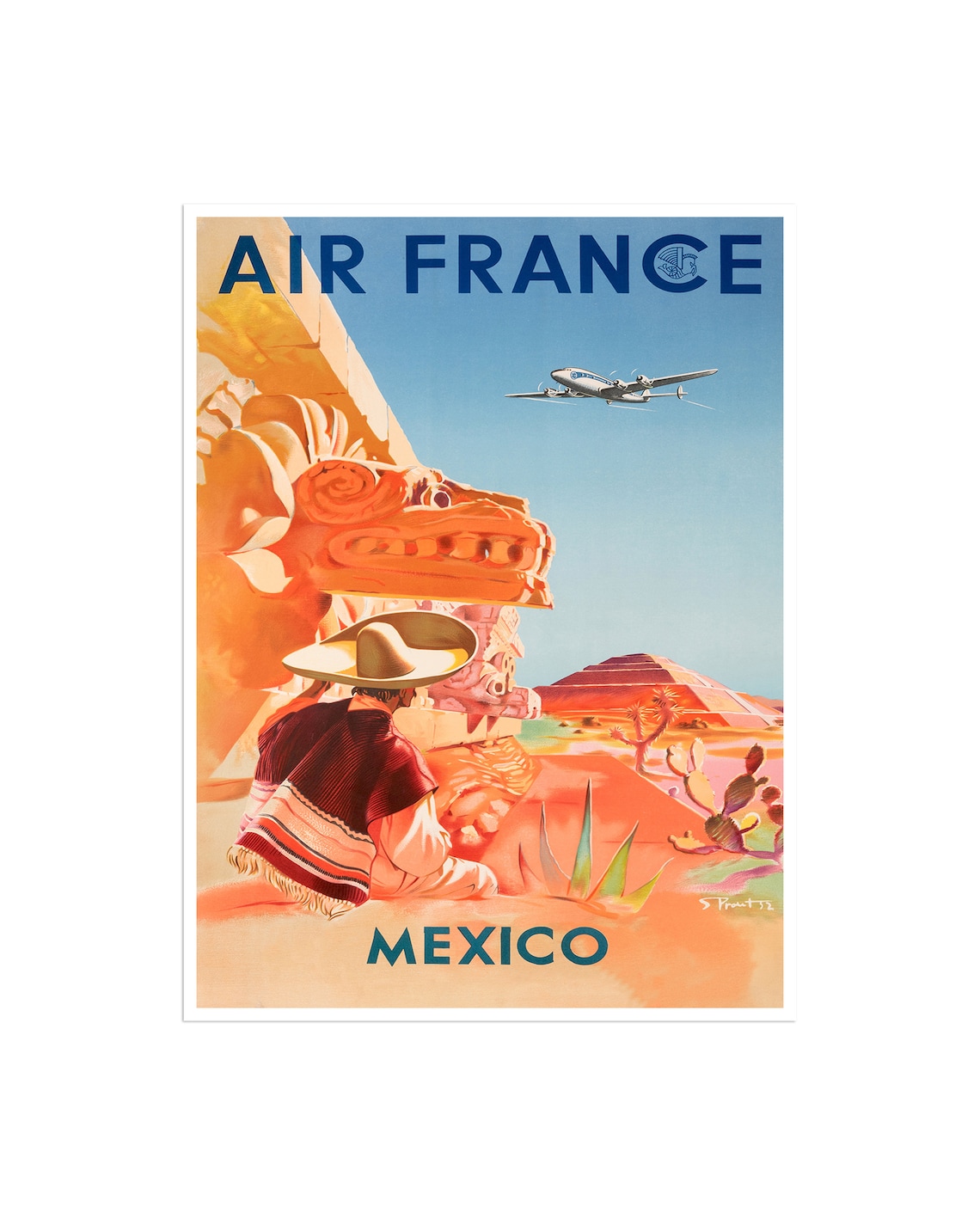 Mexico Vintage Air France Mayan Pyramid Stone Carving Travel Poster