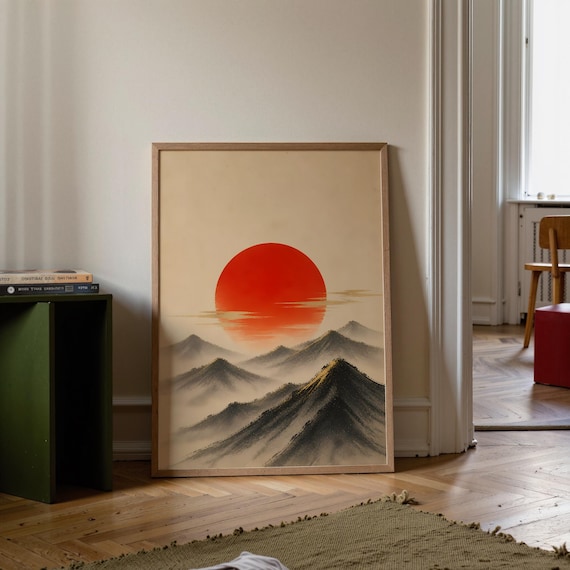 Digital Download Japanese Wall Art Rising Sun Poster Printable Minimalist Mountain Print Vintage Asian Decor Japandi Zen File