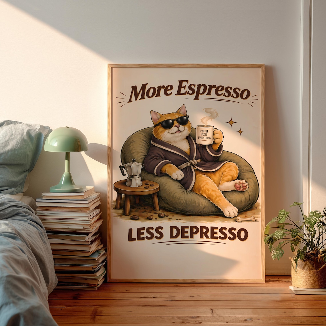More Espresso Less Depresso Poster, Retro Coffee Cat Gift