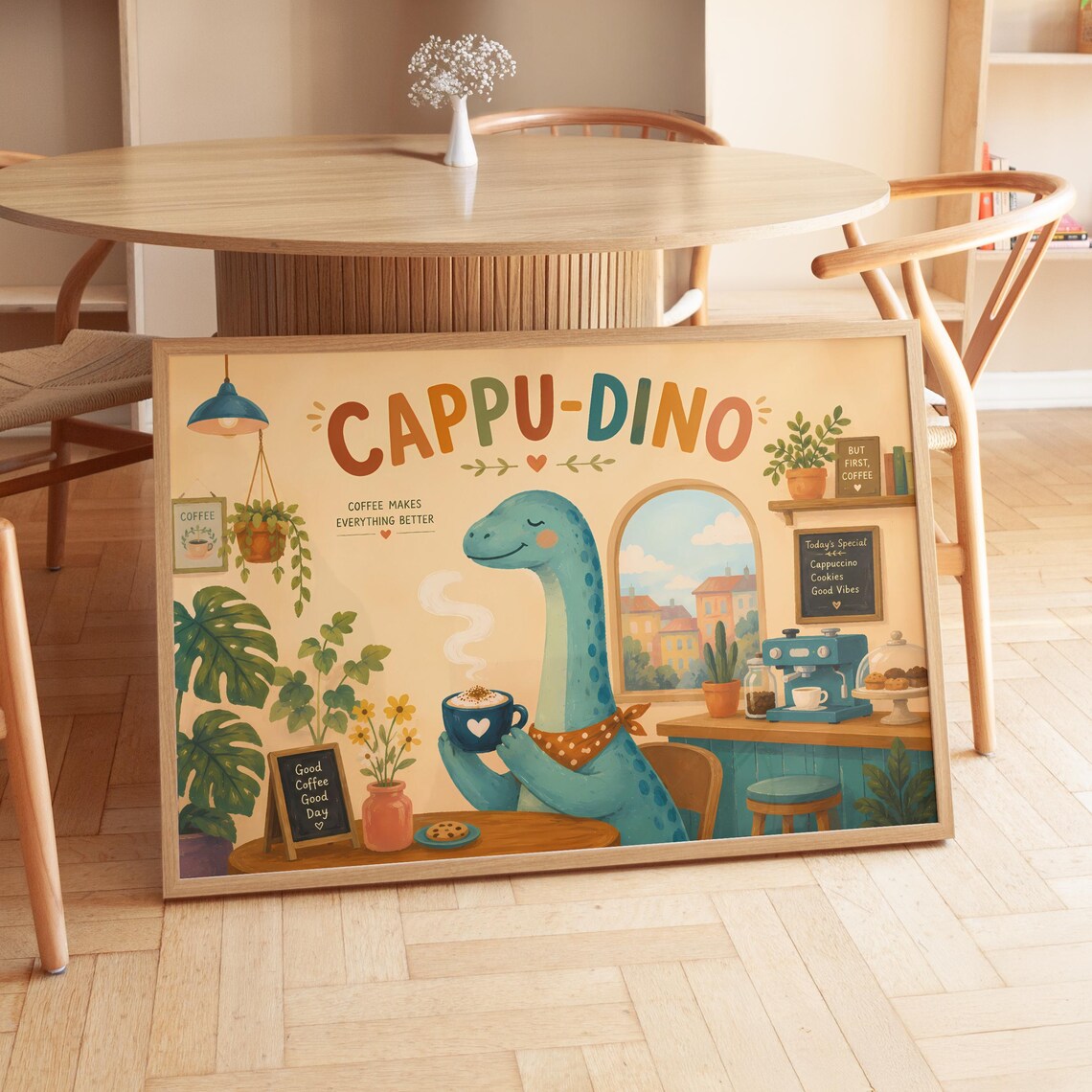 Cappu-Dino Cute Dinosaur Coffee Cafe Funny Kids Nursery Art Poster
