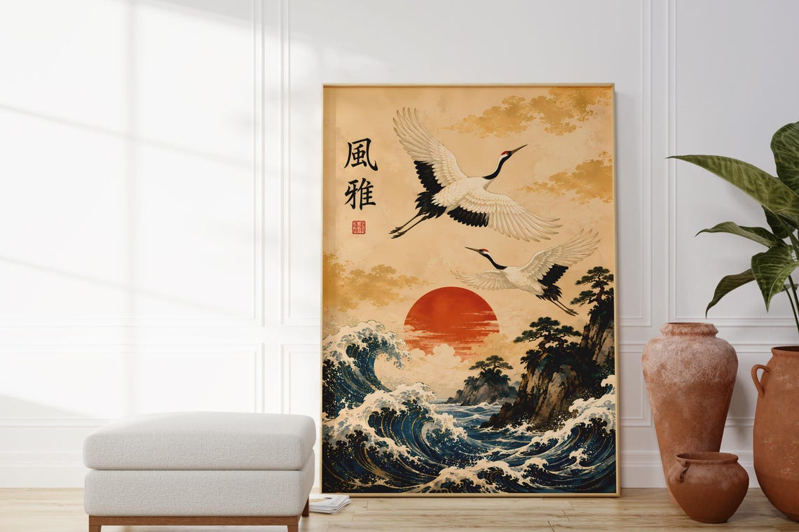 Japanese Red Crowned Cranes Ocean Waves Red Sun Style Poster