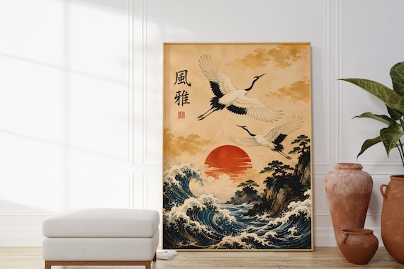 Japandi Style Canvas Art Red Crowned Crane Flying Poster Great Wave Off Kanagawa Aesthetic Zen Bedroom Wall Decor