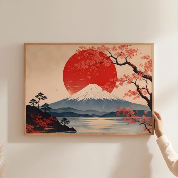 Mount Fuji Japanese Wall Art Cherry Blossom Sakura Poster Retro Asian Landscape Print Rising Sun Mountain Decor