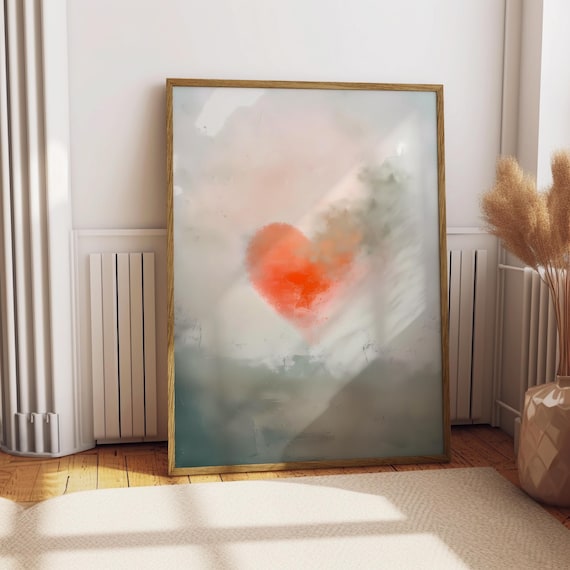 Modern Abstract Heart Poster Red Wall Art With Fog Love Emotional Print Teal And Home Decor Valentines Gift