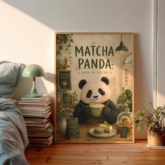 Danish Pastel Matcha Panda Typography Poster Cute Bear Green Tea Wall Art Whimsical Cafe Illustration Print Sage Decor
