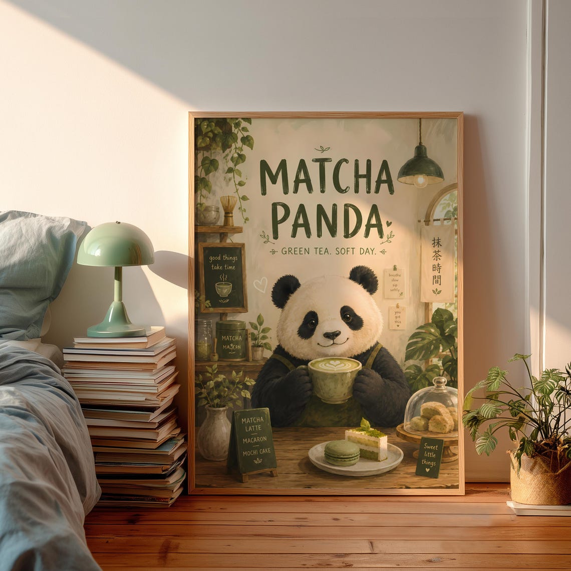 Matcha Panda Cute Bear Sipping Green Tea Soft Day Cafe Art Poster