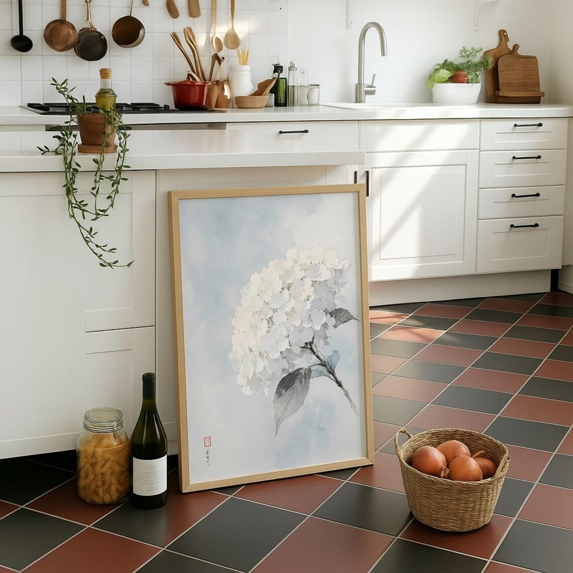 Soft Watercolor White Hydrangea Poster, Botanical Art Print