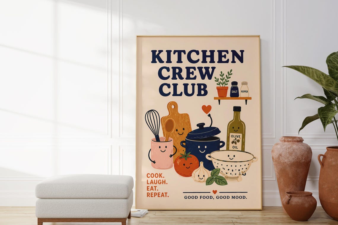 Cute Kitchen Crew Club Smiling Cooking Characters Retro Poster