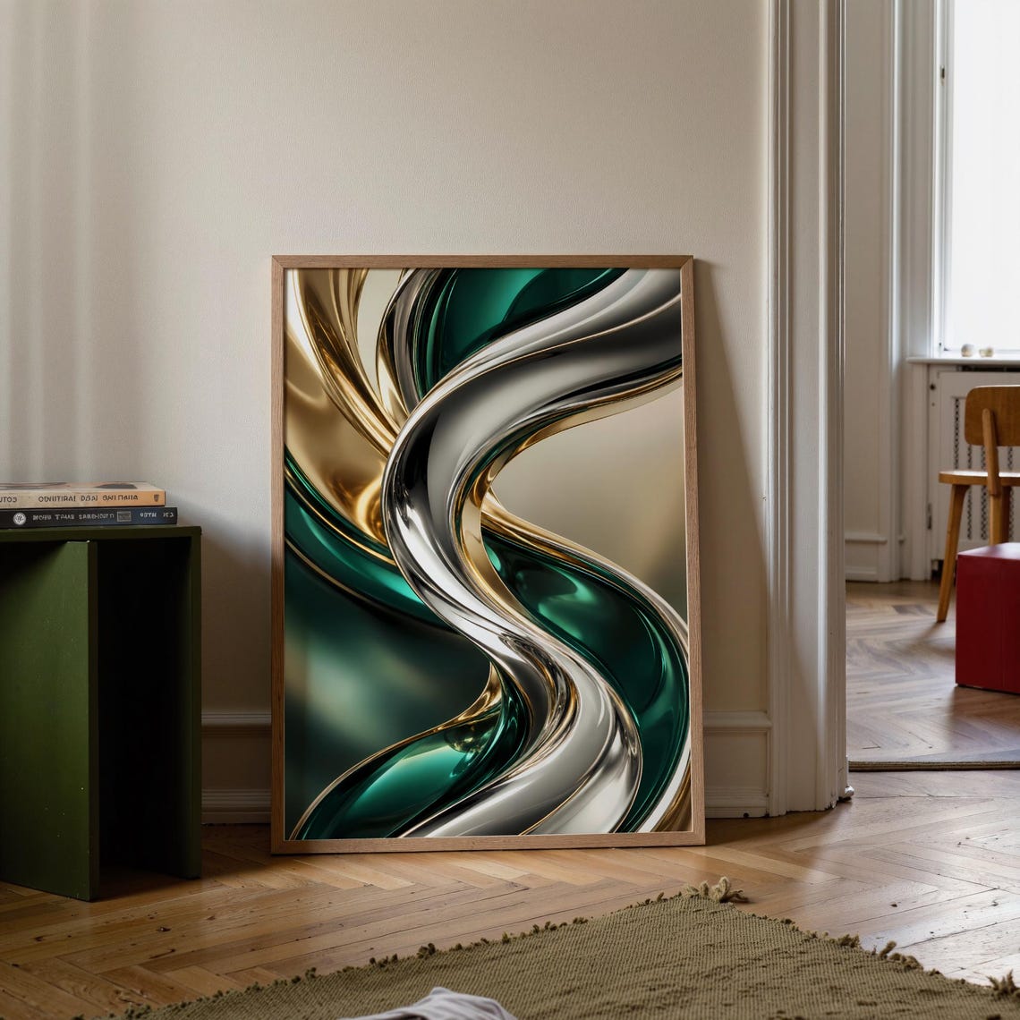 Emerald Green Gold Liquid Metal Swirl Abstract Luxury Art Poster