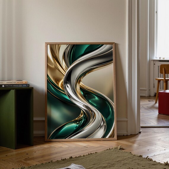 Digital Download Emerald Green Gold Art Luxury Liquid Metal Printable Abstract Chrome Swirl Print File Modern Wall Decor